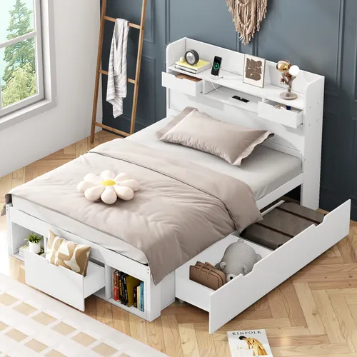 okwish Holzbett Kinderbett mit Matratze 90x200,Einzelbett mit USB-port & Schubladen & Stauschrank,Jugendbett mit Stauraum,weiß