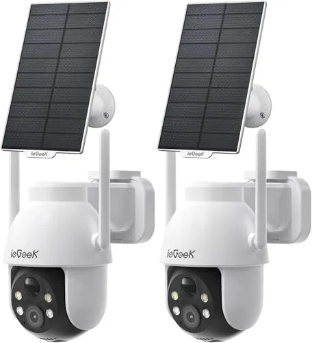 ieGeek 2Pcs 2K 3MP Überwachungskamer Aussen Solar, 360° PTZ Überwachungskamera Aussen Akku, 2.4GHz Kabellos Überwachungskamera mit PIR Bewegungsmelder,Farb-Nachtsicht, 2-Wege-Audio