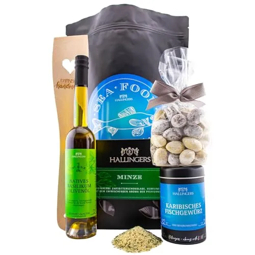 Hallingers Grillen Wundertüte XXL Geschenkset Olivenöl, Fisch Gewürz, Pfannenwender, Nougat & Schokolade - Made in Germany