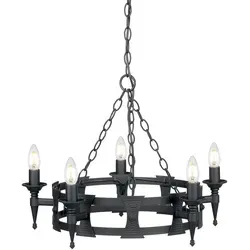 Elstead Lighting Kronleuchter Saxon 5xE14 - Mittelalterlicher Kronleuchter aus schmiedeeisen, ideal für stilvolle Wohnräume mit dekorativen Metallplatten und eleganter Schwarz-Finish.