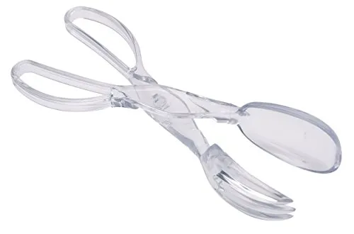 KitchenCraft Salatzange Kunststoff, Servierbesteck, Salatbesteck Zange mit Gabel und Löffel, Langstielige Küchenzange, Spaghettizange, Transparent, Plastik, 29 cm