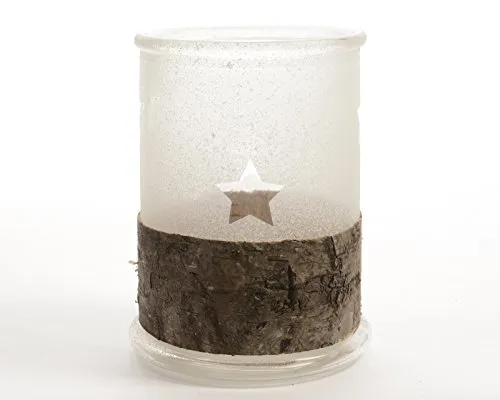 Windlicht Teelicht Glas Zylinder edel mit Rinde beschneit Stern Weihnachten Winter H 17 cm