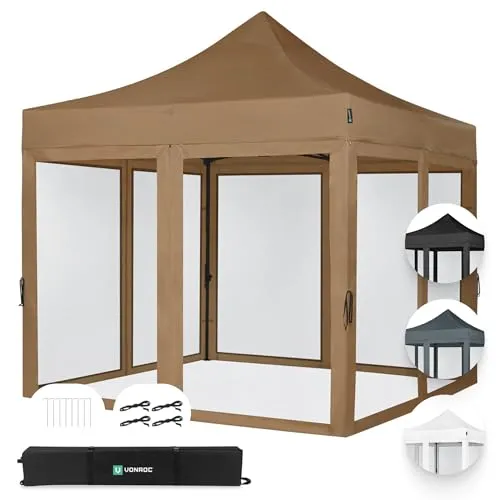 Pavillon Easy-Up 3 x 3 m – Gartenzelt mit Stahlrahmen, wasserdichte Plane, UV-Schutz 50+, Transporttasche mit Rädern – modular und erweiterbar (3x3m Insektenschutz, Beige)