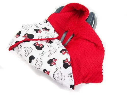 Welt der Träume Doppelseitige Einschlagdecke für Babyschale Autokindersitz Buggy Kinderwagen 90x90cm - universal Baby Decke (z.B. Maxi-Cosi/Cybex/Römer) (Auto Einschlagdecke - Miki Weiss -Minky rot)