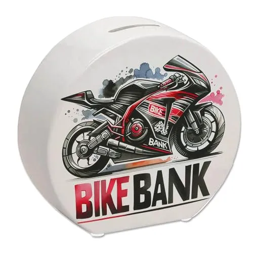 Rennmotorrad Spardose mit Spruch Bike Bank Sportlich Renn Motorrad Spardose in Schwarz-Rot Schnell Geschwindigkeit und Stil in einem