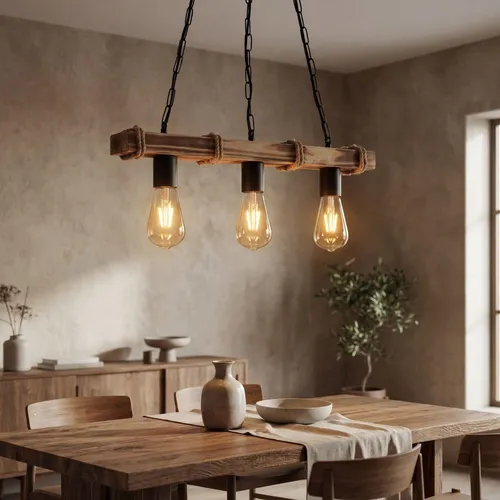 Rustikale Pendelleuchte aus Metall und geflammtem Holz 3-flammig - Elegante Pendelleuchte mit geflammtem Holz und Metall für stilvolle Akzente. Ideal für Esstische, bietet großzügige Lichtstreuung und passt zu vielen Einrichtungsstilen.