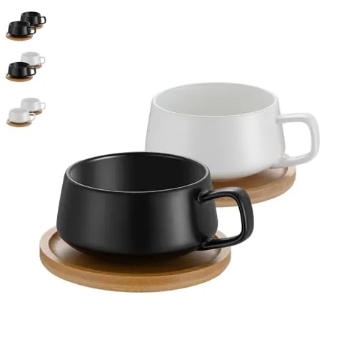 TELANKS 2er Set Cappuccinotassen 300 ml mit Untertassen, Kaffeetassen | Hält lange warm dank dickwandigem Steingut, stapelbar & spülmaschinenfest, große Kaffeetassen mit Henkel, Geschenkbox