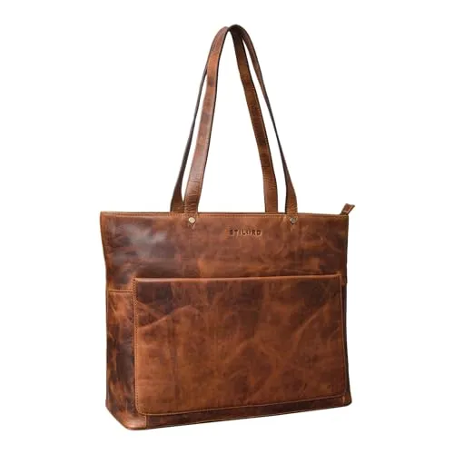 STILORD Astrid Shopper Handtasche Leder Damen Schultertasche Vintage Ledertasche mit Laptopfach Elegante Businesstasche Aktentasche für Frauen Echtleder Farbe:Kara - Cognac