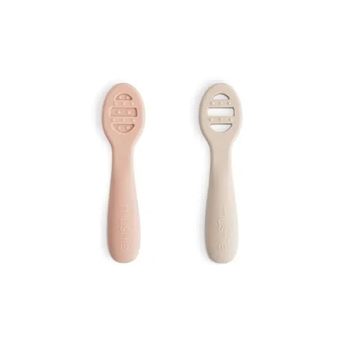 mushie Silikon Esslernlöffel | Babylöffel 2er Pack Lernlöffel zum selber essen | Blush/Shifting Sand