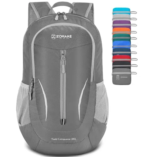 Zomake Ultraleichter, verstaubarer Rucksack, faltbarer Wanderrucksack, wasserabweisend, kleiner faltbarer Tagesrucksack für Reisen, 25 l, Blassgrau