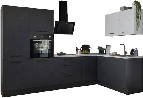 BASIC by Balculina Winkelküche Yorki 320x175 cm - Moderne Winkelküche mit eleganten Design, ideal für kleine Küchen. Wahlweise mit E-Geräten, bietet viel Stauraum und eine komfortable Arbeitshöhe von 91 cm.