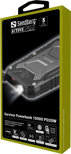 Sandberg Survivor Powerbank 10000 PD20W - 10000 mAh, robust und wasserdicht, kabelloses Laden für Qi-kompatible Geräte