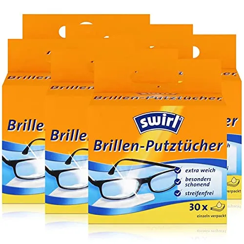 Swirl Brillen-Putztücher 30 einzeln verpackte Tücher in Spenderbox - Anti-Beschlag-Effekt - Extra weich und schonend - Fettlösend - Streifenfrei (6er Pack)