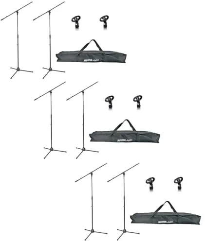 ADAM HALL Eco Mikrofonständer Mikrofonstativ S5B mit Galgen/Schwenkarm, Höhe 98-162 cm, Mikrofonklammer/Mikrofonklemme schwarz + 3 x Tragetasche für 2 Stative 6 x