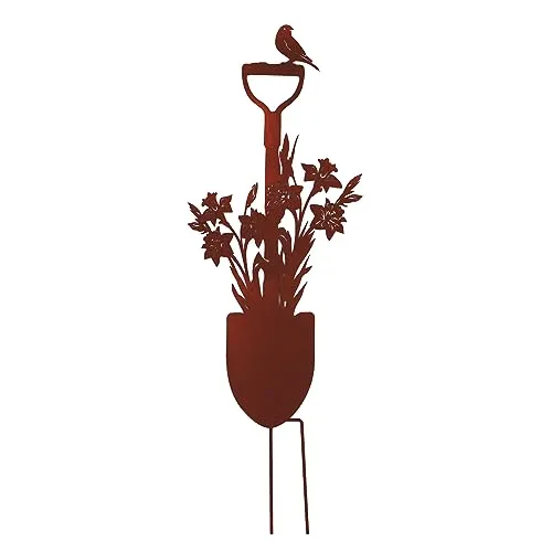 UNUS Garden Spaten mit Vogel und Lilien, Gartenstecker, Gartendeko Rostoptik, Roststecker aus Edelrost Metall, Rost Deko für Garten, Terrasse, Balkon oder Blumentopf