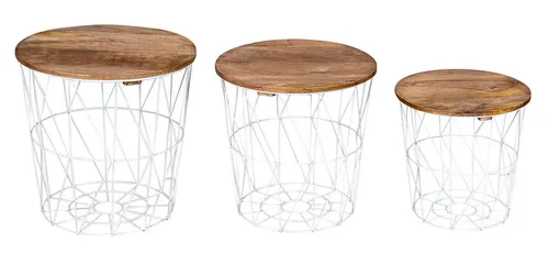 Levandeo® Couchtisch, 3er Set Beistelltisch Metall Metallkorb Weiß Mango Couchtisch