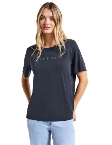 STREET ONE Damen T-Shirt mit Wording und Schmucksteinen, Gr. 40, deepwater blue - Kombistarkes T-Shirt mit lässigem Schnitt und coolem Print. Der elastische Jerseystoff sorgt für einen bequemen Sitz und hüftbedeckenden Tragekomfort.