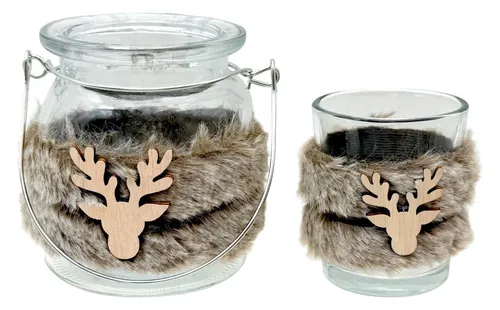 ZauberDeko Windlicht SET Windlicht Teelicht Holz Hirsch Weihnachten Winter Herbst 2-teilig