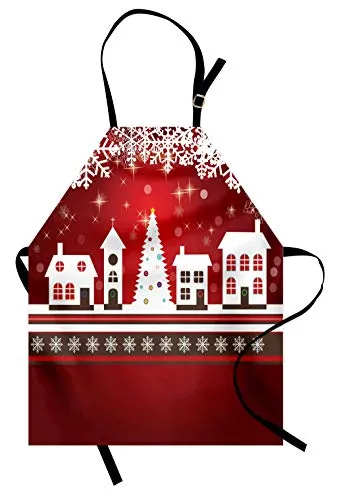 ABAKUHAUS, Weihnachten Kochschürze, Maschienenwaschbar kein Verblassen, EIS Kristall Muster Über Tannenbaum und der Stadt Heiligen Abend, Weiß Rot