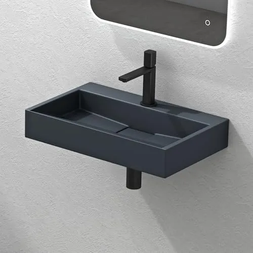 Mai & Mai Waschbecken Matt Anthrazit Aufsatzwaschbecken Hängewaschbecken Hängewaschtisch inkl. Ablaufgarnitur Mineralguss Rechteckig Waschplatz 1 Armaturenloch Breite: 60cm