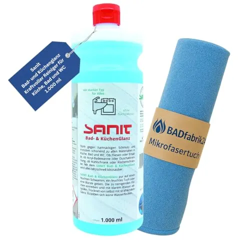 BADfabrik24 Sanit Bad- & Küchenglanz Reiniger 1000 ml + Mikrofasertuch 40×40 cm – silikonfrei für Bad, WC & Küche – gründliche Reinigung