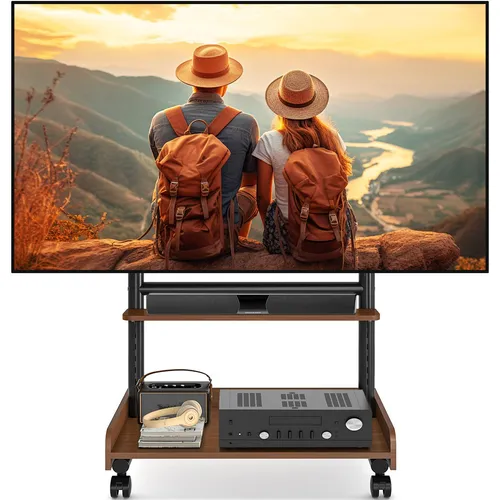 TVON Brauner TV Ständer Rollbar für 40 bis 86 Zoll Fernseher - Universeller TV-Rollwagen für Fernseher bis 68 kg. Höhenverstellbar und mit 360° beweglichen Rollen für flexibles Platzieren. Einfache Montage mit klarer Anleitung.