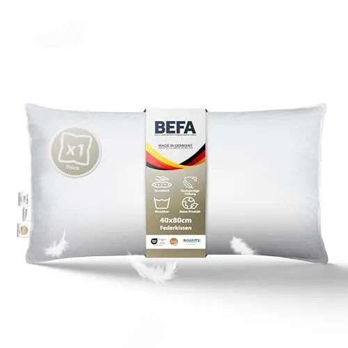 BEFA NATUR Federkissen 40x80 cm extra fest | Kopfkissen 100% Federn |1500g Füllgewicht | Allergiker (NOMITE) | Tierwohl (DOWNPASS) | Oeko-TEX Klasse 1 | Made in Germany