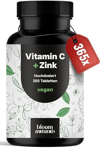 Vitamin C Zink Tabletten hochdosiert – 365 Stück Jahresvorrat – vegan & produziert in Deutschland Laborgeprüft