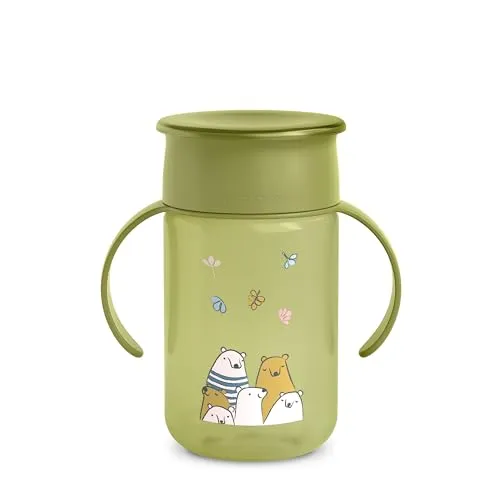 Suavinex, Lernbecher für Kinder, auslaufsicher 360°, schmutzabweisend, mit Griffen und Deckel, spülmaschinen- und Mikrowellengeeignet, 340 ml, My Family Grün