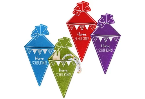 PAPIERDRACHEN Schultüte 4 Filz-Schultüten - Hurra Schulkind! - Einschulung, Geschenk - oder Bestecktasche