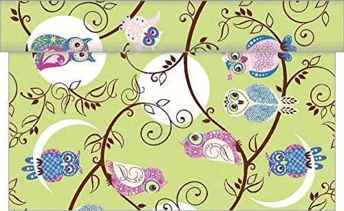 Sovie Home Tischläufer Bertha aus Linclass Airlaid, 40cm x 4,80m, 1 Stück, perforiert alle 30cm, buntes Eulendesign, fröhliche Eulen auf kiwigrünem Hintergrund
