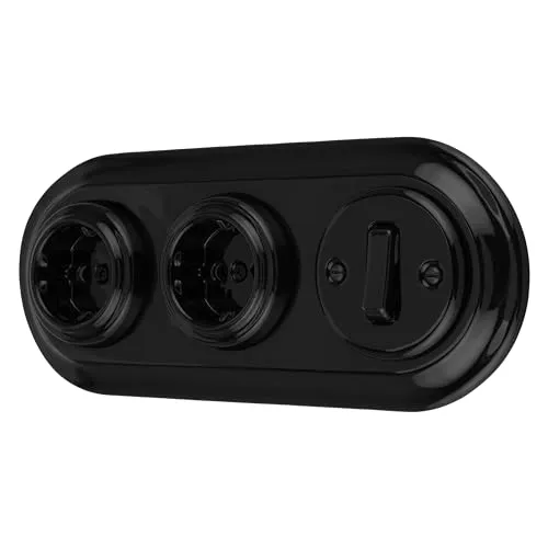 Unterputz Porzellan Retro Steckdose, Schalter, 3-fach, All-in-One, SET Serie PR1 schwarz