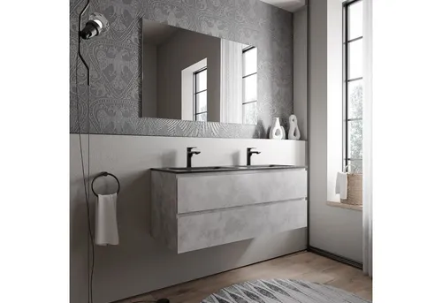 Bernstein Waschbeckenunterschrank AVA 120cm mit Mineralguss-Doppelwaschbecken - Eleganter Waschtischunterschrank in Betonoptik mit 2 Schubladen. Inklusive hochwertigem, mattschwarzem Waschbecken mit Hahnloch für praktischen Einsatz im Badezimmer.