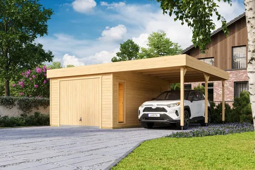 Garage Pultdach 44 mm Bahamas mit Schwingtor 680x560 cm - Gartenhäuser, Geräteschuppen & Carports - Robuste Holzgarage mit abschließbarem Schwingtor, ideal für sicheren Stauraum und vielseitige Nutzung.