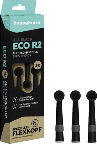 Happybrush Aufsteckbürsten Eco R2 All Black - Hautpflege: 3er-Pack Aufsteckbürsten mit Triple-Borsten und Flexkopf für sanfte und effektive Zahnreinigung, ideal für ein strahlendes Lächeln.