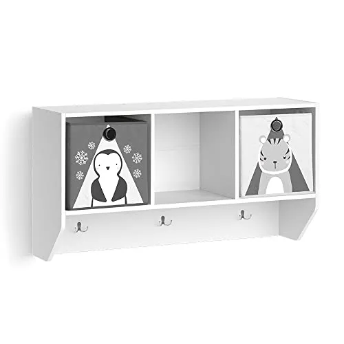 Vicco Wandregal Luigi, Weiß, 107 x 56 cm mit 2 Faltboxen - Wandregal für Kinderzimmer mit 3 Ablageflächen und 2 Faltboxen, ideal für Spielzeug und Bücher. Teil der langlebigen Luigi-Möbelserie für eine gemütliche Atmosphäre.