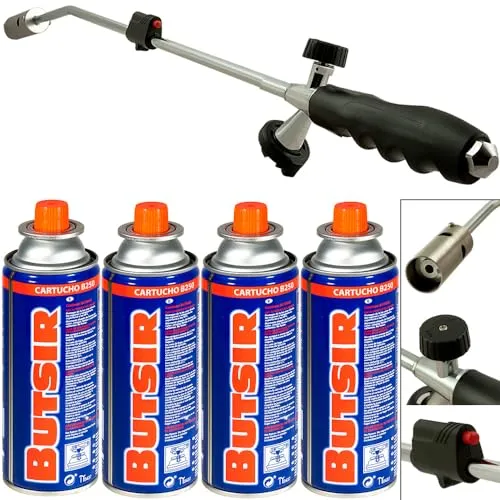 DEUBA® Unkrautbrenner mit Piezo Zündung und 4 Butangaskartuschen - Effizienter Unkrautvernichter ohne Chemie, ideal für Terrassen und Gehwege. Ergonomisches Design für bequemes Arbeiten im Stehen.