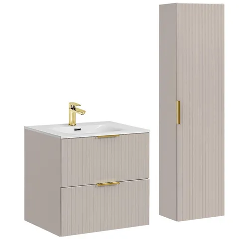 Lomadox Badmöbel-Set ADELAIDE-56-CASHMERE - Elegantes Badmöbel-Set in Kaschmir mit gerillter Front und hochwertigem Keramikwaschbecken. Ideal für modernes Badezimmerdesign und ausgestattet mit Softclose-Systemen für zusätzlichen Komfort.