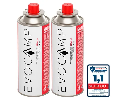 EVOCAMP Gaskartusche Butangas Gaskartusche Typ MSF-1a 227g mit Ventil, Zubehör für Campingkocher, Gasheizung, Gasbrenner, Gaskocher, Unkrautbrenner, 2 St., 2 Kartuschen