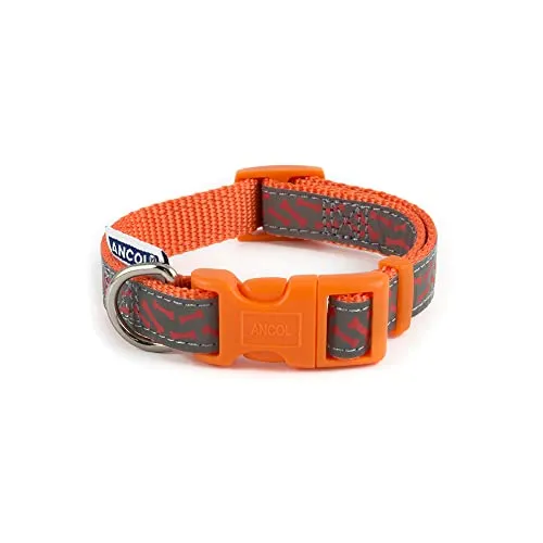 Ancol Patterned Collection Reflektierendes Knochen-Hundehalsband – Orange – verstellbares Nylon-Welpenhalsband mit Schnappverschluss – passend für Halsumfang von 20–30 cm – Orange