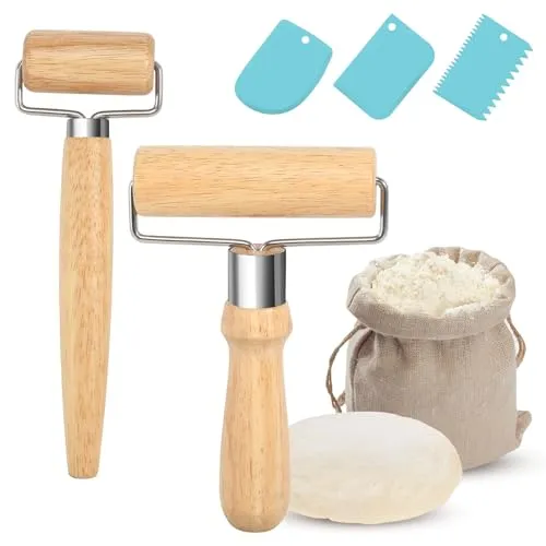 Teigroller klein, 2 Stücke Teigroller mit 3 Stück Teigschaber, Kleine und Mittlere Teigrolle Holz Geeignet zum Ausrollen für Teig der Hand Pizza Desserts Knödelhäuten