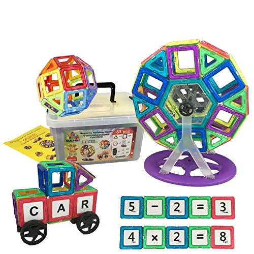 Magnetische Bausteine │ 83 Stücke: XXL-Magnetfliesen, Riesenrad, Autoräder, Buchstaben und Figuren + Aufbewahrungsbox aus Kunststoff │ Großes kreatives Geschenk für Jungen und Mädchen ab 3 Jahre alt