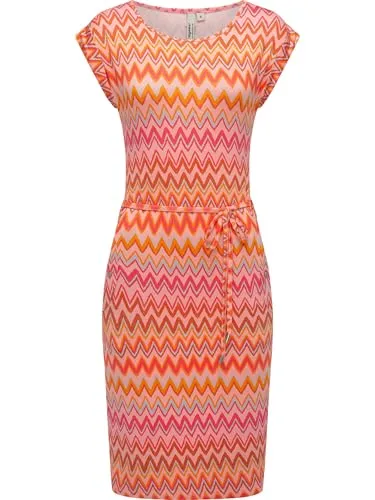 Ragwear Damen bequemes Sommerkleid Kurzarm Midikleid Gemustert mit Stoffgürtel Taggien Print YOUMODO Peach Gr. M