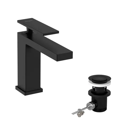hansgrohe Tecturis E Einhebel-Waschtischarmatur 110 - Waschtischarmaturen mit EcoSmart+ Technologie, die 20 % Wasser spart, und mattschwarzem Design für moderne Badezimmer. Inklusive Zugstangen-Ablaufgarnitur für einfachen Komfort.