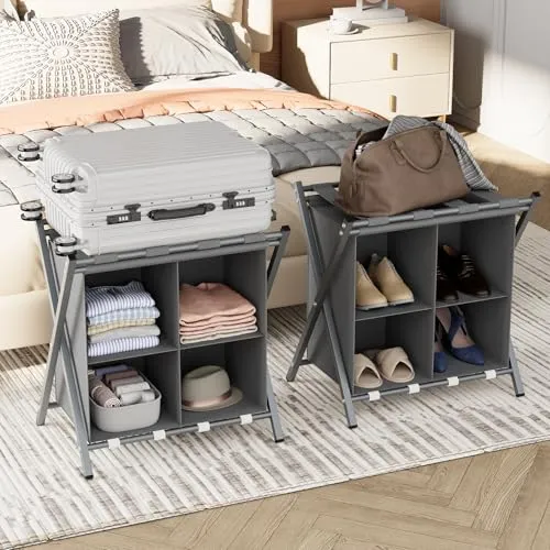 Kofferständer, Gepäckablage, 2er Set, Kofferständer Klappbar, Kofferstände mit Ablagefächern, Kofferbock Kofferablage, für Gästezimmer, Schlafzimmer, Hotel, für Reisegepäck (Grau)