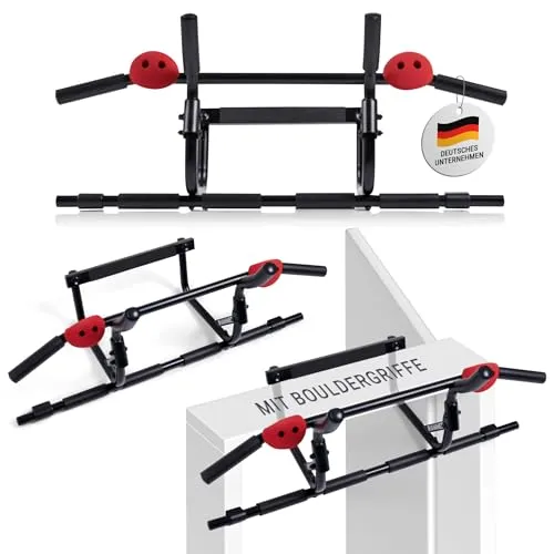 Hammer Trainingsstation Klimmzugstange Multigriff - Die HAMMER Klimmzugstange Multigriff bietet eine schnelle Montage ohne Bohren und ist bis 150 kg belastbar. Mit fünf Griffpositionen für abwechslungsreiches Oberkörpertraining und echten Bouldergriffen für besseren Grip.