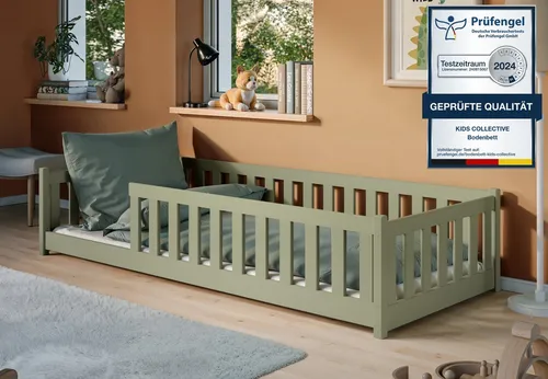Montessori Kinderbett 90x200 cm mit Rausfallschutz - Sicheres Bodenbett aus FSC-zertifiziertem Kiefernholz, ideal für kleine Kinder. Mit abnehmbarem Rausfallschutz und stabilen Lattenrost für bis zu 100kg. Fördert die Unabhängigkeit durch kindgerechtes Design.