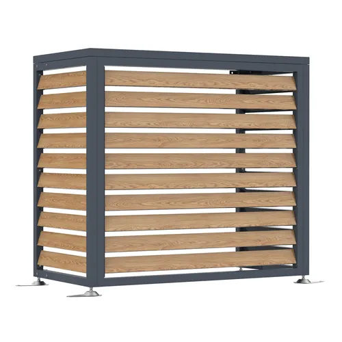 Westmann Boxa S | Verkleidung Wärmepumpe in Holzoptik - Anthrazit - Die Westmann Boxa S schützt deine Wärmepumpe stilvoll und zuverlässig. Mit modernem Design und solider Stahlkonstruktion ist sie die perfekte Lösung für ein optisches Upgrade im Außenbereich.