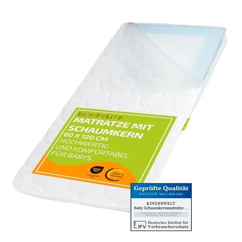 KiNDERWELT Babymatratze 60x120x10 cm - Matratze für Babybetten mit Trittkante für zusätzliche Stabilität, gefertigt aus hypoallergenem Schaumstoff für optimalen Schlafkomfort.