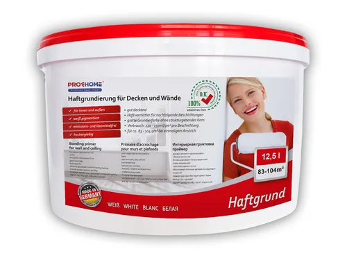 Haftgrund PROFHOME 12,5 L - Weißpigmentierte Grundierung - Grundierung für Wände und Decken, hervorragende Haftung für Vlieskleber und Tapetenkleister, emissionsfrei und umweltschonend. Reicht für 83-104 m².